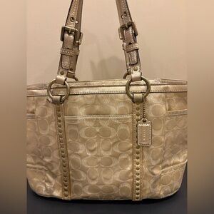 Coach Gallery Signature Metallic Gold Studded Tote Shoulder Bag